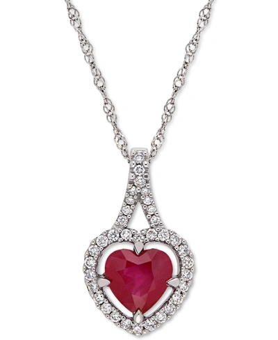 Macy's Ruby (1 Ct. T.w.) & Diamond (1/6 Ct. T.w.) Heart 17" Pendant Necklace In 14k White Gold