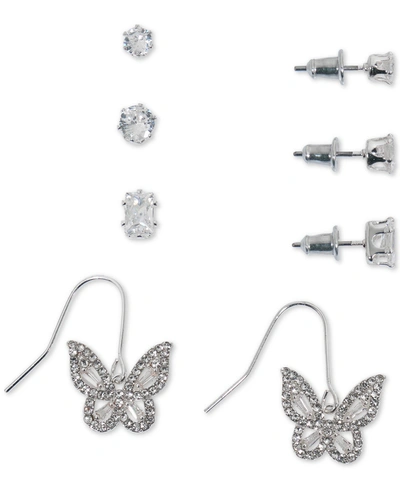 Macy's 4-pc. Set Cubic Zirconia Stud & Butterfly Drop Earrings In Silver Plate