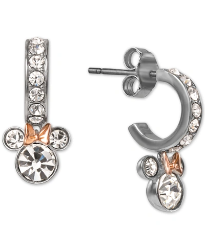 Disney Crystal Minnie Mouse Dangle Hoop Earrings In Sterling Silver & 18k Rose Gold-plate