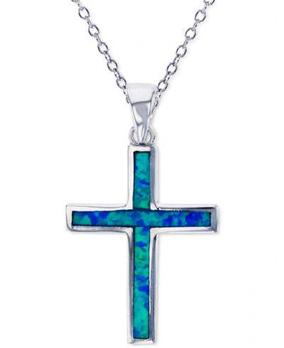 Macy's Lab-created Blue Opal Cross 18" Pendant Necklace In Sterling Silver