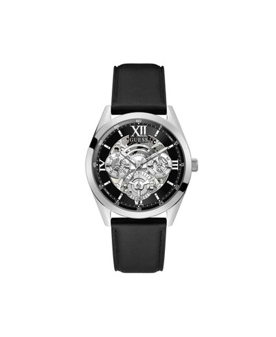 Guess Men's Black Genuine Leather Strap Multi-function Watch, 42mm