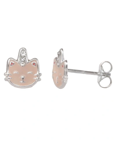 Fao Schwarz Women's Sterling Silver Enamel Kitty Stud Earrings With Crystal Stone In Pink