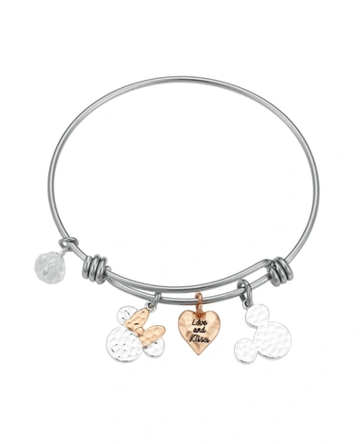 Disney Two-tone Rose Gold Flash-plated Mickey Minnie Stainless Steel Adjustable Bangle Bracelet