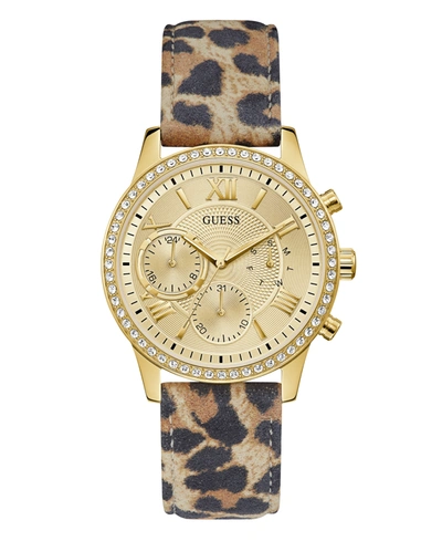 Guess Women's Gold-tone Glitz Animal Print Genuine Leather Strap Multi-function Watch, 40mm In Brown