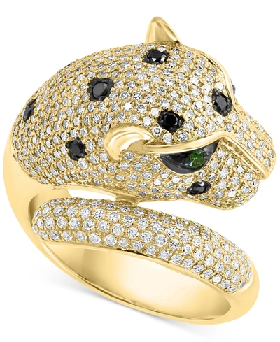 Effy Collection Effy Black & White Diamond (1-1/2 Ct. T.w.) & Tsavorite (1/20 Ct. T.w.) Signature Panther Ring In 14 In Yellow Gold