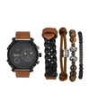 American Exchange Men's Quartz Dial Brown Leather Strap Watch, 48mm And Assorted Stackable Bracelets Gift Set, Set Of In Brown