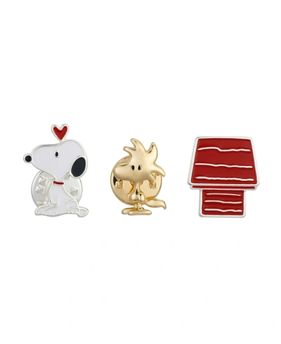 Peanuts Two-tone Snoopy Woodstock And Red Dog House Lapel Pin Set, 3 Piece In Silver Plated