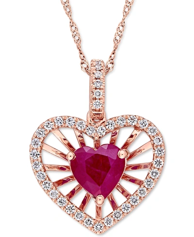 Macy's Ruby (1 Ct. T.w.) & Diamond (1/4 Ct. T.w.) Heart Spoke 17" Pendant Necklace In 14k Rose Gold In Red