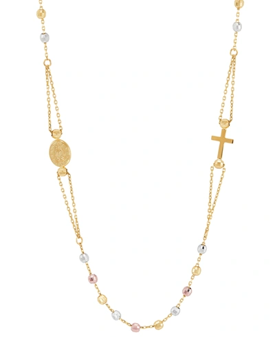 Macy's Cross & Medallion 17-1/2" Rosary Necklace In 10k Tricolor Gold In Tr-color