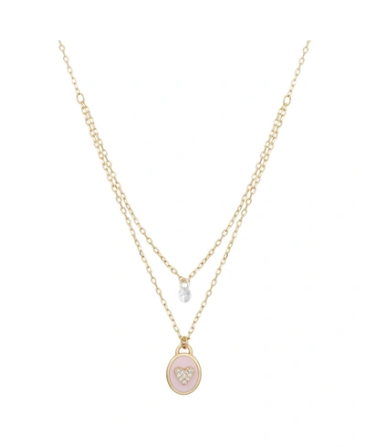 Unwritten 14kt Gold Flash Plated Cubic Zirconia Pink Enamel Heart Layered Pendant Necklace
