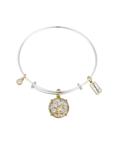 Unwritten Family Tree Cubic Zirconia Adjustable Bangle Bracelet In Stainless Steel And Gold Flash Plated Charm In Two-tone