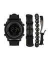 AMERICAN EXCHANGE MEN'S QUARTZ DIGITAL DIAL BLACK SILICONE STRAP WATCH AND ASSORTED BLACK STACKABLE BRACELETS GIFT SET