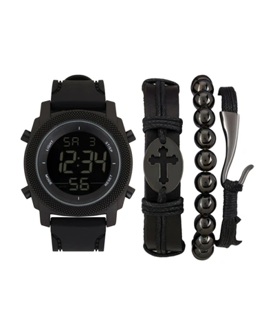 American Exchange Men's Quartz Digital Dial Black Silicone Strap Watch And Assorted Black Stackable Bracelets Gift Set