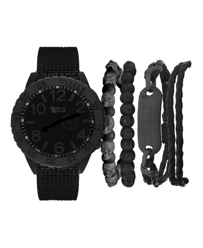 American Exchange Men's Quartz Dial Black Fabric Strap Watch And Assorted Black Stackable Bracelets Gift Set, Set Of 5