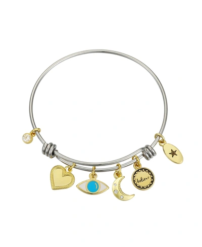 Unwritten Believe Evil Eye Adjustable Bangle Bracelet In Stainless Steel And Gold Flash Plated Charms In Two-tone