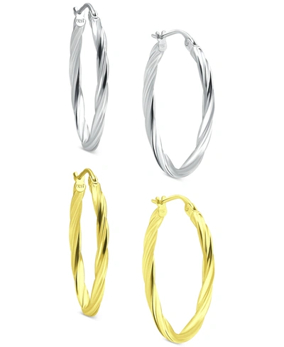 Macy's 2-pc. Set Twisted Small Oval Hoop Earrings In Sterling Silver & 18k Gold-plate, 20mm In No Color