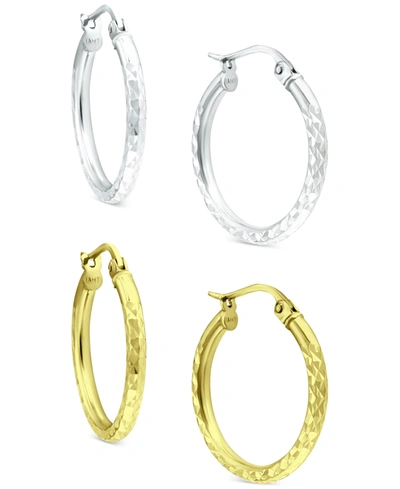 Macy's 2-pc. Set Textured Small Hoop Earrings In Sterling Silver & 18k Gold-plate, 20mm