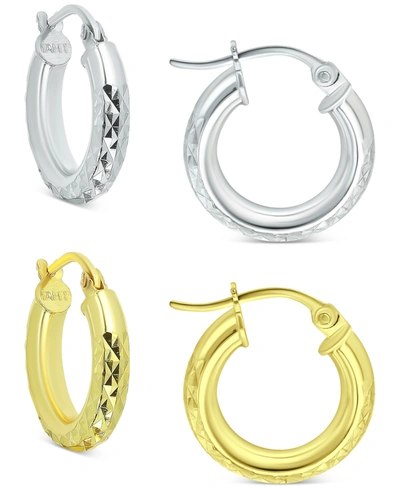 Macy's 2-pc. Set Textured Small Huggie Hoop Earrings In Sterling Silver & 18k Gold-plate, 15mm