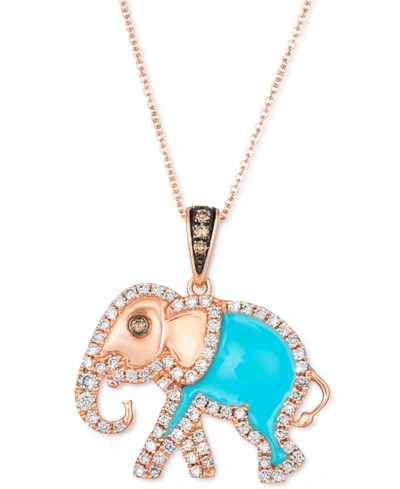 Le Vian Turquoise Enamel & Diamond (5/8 Ct. T.w.) 18" Elephant Pendant Necklace In 14k Rose Gold In Rosegold