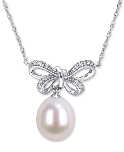 Macy's Black Cultured Tahitian Pearl (9-1/2-10mm) & Diamond (1/10 Ct. T.w.) Bow 17" Pendant Necklace In 10k In White
