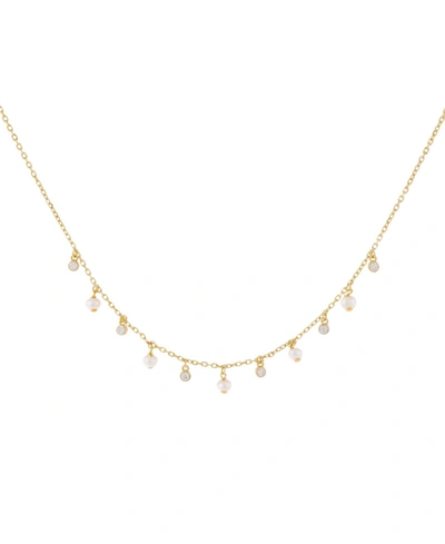 Adinas Jewels Cubic Zirconia Bezel X Imitation Pearl Dangling Necklace In 14k Gold Plated Over Sterling Silver