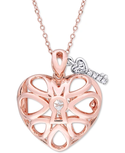 Macy's White Topaz Heart Lock & Key 18" Pendant Necklace In Sterling Silver & 18k Rose Gold-plate
