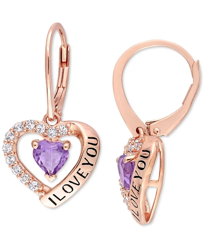 Macy's Amethyst (4/5 Ct. T.w.) & White Topaz (5/8 Ct. T.w.) Heart "i Love You" Leverback Drop Earrings In 1