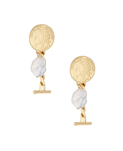 ETTIKA GOLD-PLATED COIN DROP EARRINGS WITH FRESHWATER PEARLS
