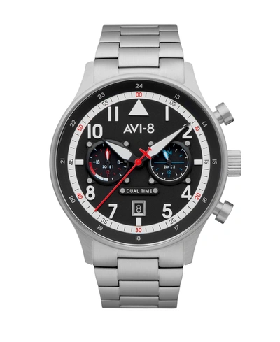 Avi-8 Men's Hawker Hurricane Carey Dual Time Rangoon Silver-tone Solid Stainless Steel Bracelet Watch 43mm