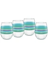 Fiesta Farmhouse Chic Stripes 15-ounce Stemless Wine Glass Set Of 4 In Turquoise/meadow/mulberry/white