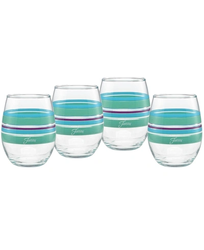 Fiesta Farmhouse Chic Stripes 15-ounce Stemless Wine Glass Set Of 4 In Turquoise,meadow,mulberry,white