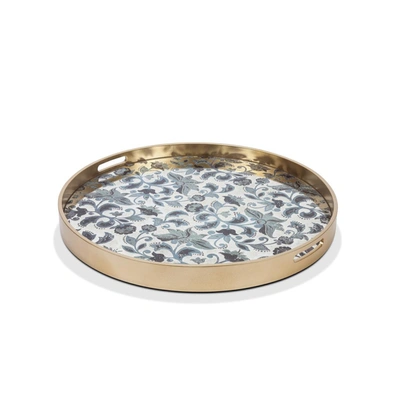 The Gg Collection 25.8-inch Etched Floral Collection Round Blue Petite Floral Mirror Tray In Multicolor
