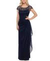 Xscape Petite Embellished Illusion-yoke Gown In Navy Blue