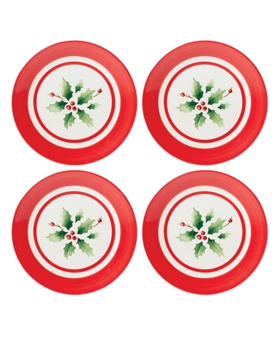 Lenox Holiday Hand-painted Stripe Dessert Plates, Set Of 4 In Red Green And Ivory