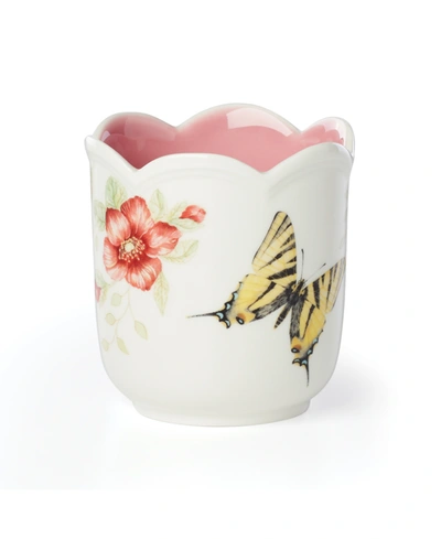 Lenox Butterfly Meadow Filled Candle, Pink Citrus In White Body With Multi-color Botanical De