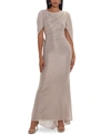Betsy & Adam Long Metallic Crinkle Drape Back Dress In Gold/silver