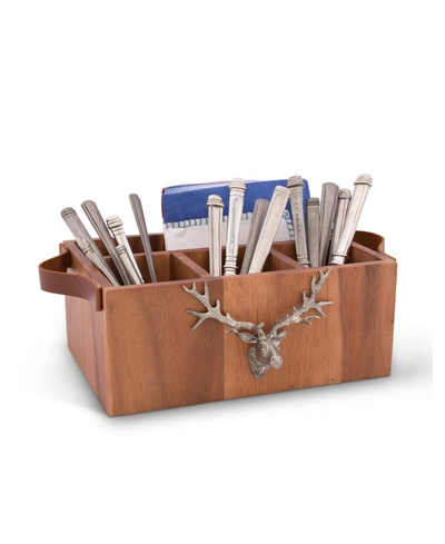 Vagabond House Caddy Rectangle Acacia Wood Flatware, Serve Ware, Utensil, Carry-all Holder With Solid Pewter Rustic