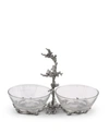 VAGABOND HOUSE HAND-BLOWN GLASS 2-BOWLS CONDIMENT SERVER WITH SOLID PEWTER "OCEAN CORAL" FRAME AND ACCENTS