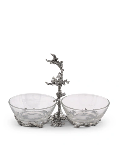 Vagabond House Hand-blown Glass 2-bowls Condiment Server With Solid Pewter "ocean Coral" Frame And Accents
