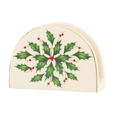 Lenox Hosting The Holidays Napkin Holder In Ivory Body With Red And Green Holly And