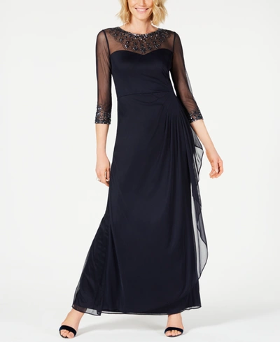 Alex Evenings Petite Draped Sweetheart Embellished Gown In Blue