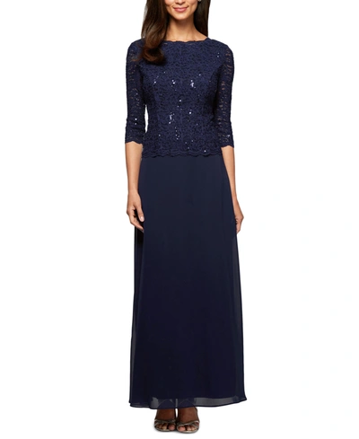 Alex Evenings Women's Sequin Embellished Lace Top Gown In Navy