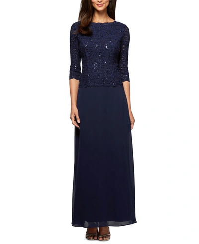 Alex Evenings Petite Sequin Lace Gown In Navy