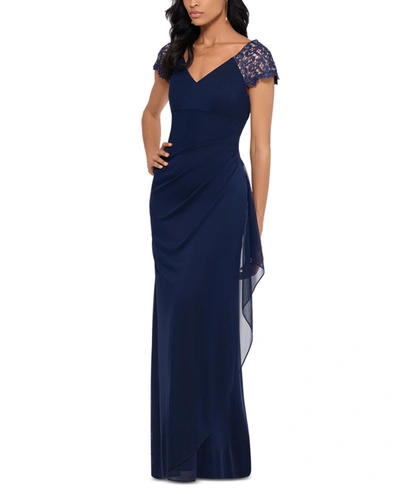 XSCAPE PETITE LACE-SHOULDER GOWN