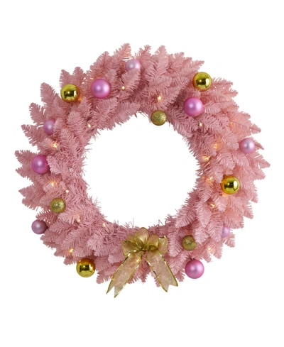 Nearly Natural Artificial Christmas Wreath With 35 Led Lights And Ornaments In Pink