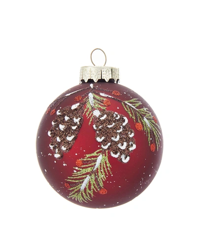 Kurt Adler 80mm Glass Red With Pinecone Design Ball Ornaments, 6 Piece Box Set