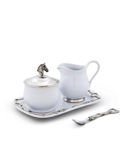 Vagabond House Stoneware Sugar And Creamer Set "equestrian" With Tray And Solid Pewter Accents