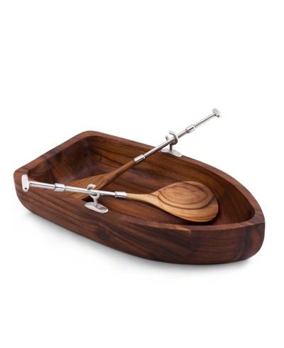 Vagabond House Row Boat Shaped Acacia Wood Salad Bowl With Matching Oar Severs Set In Pewter