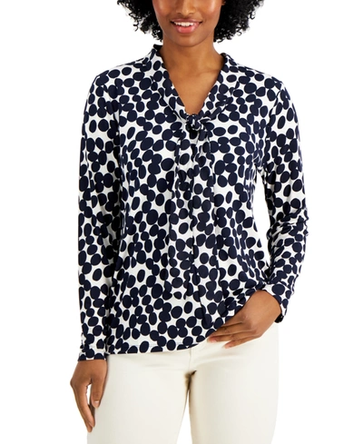 Charter Club Petite Printed Tie-neck Top, Created For Macy's In Intrepid Blue Combo