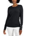 Jm Collection Women's Button-sleeve Crewneck Sweater, Created For Macy's In Deep Black